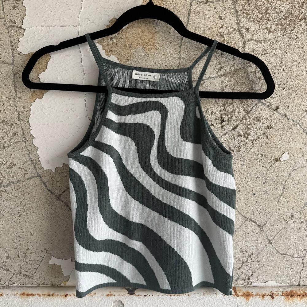 Y2K Green And White‎ Swirl Print Going Out Knit Tank Top Small